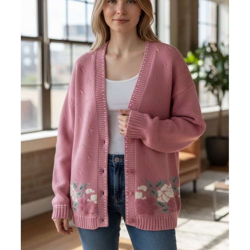 Vintage 1980s Gina Peters Pink Floral Knit Cardigan Cottagecore Womens M Medium